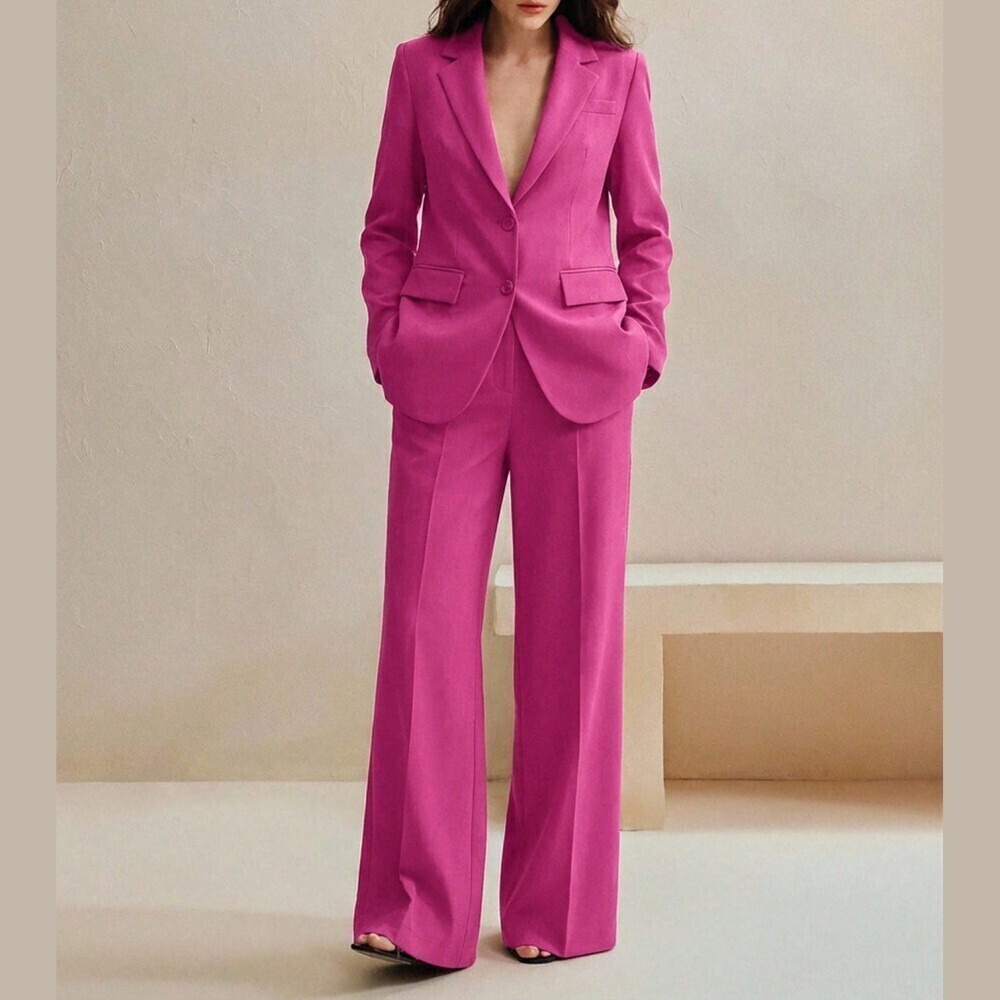 Magenta Hot Pink Notched Lapel Blazer and Wide Leg Trouser Two-Piece Suit Set